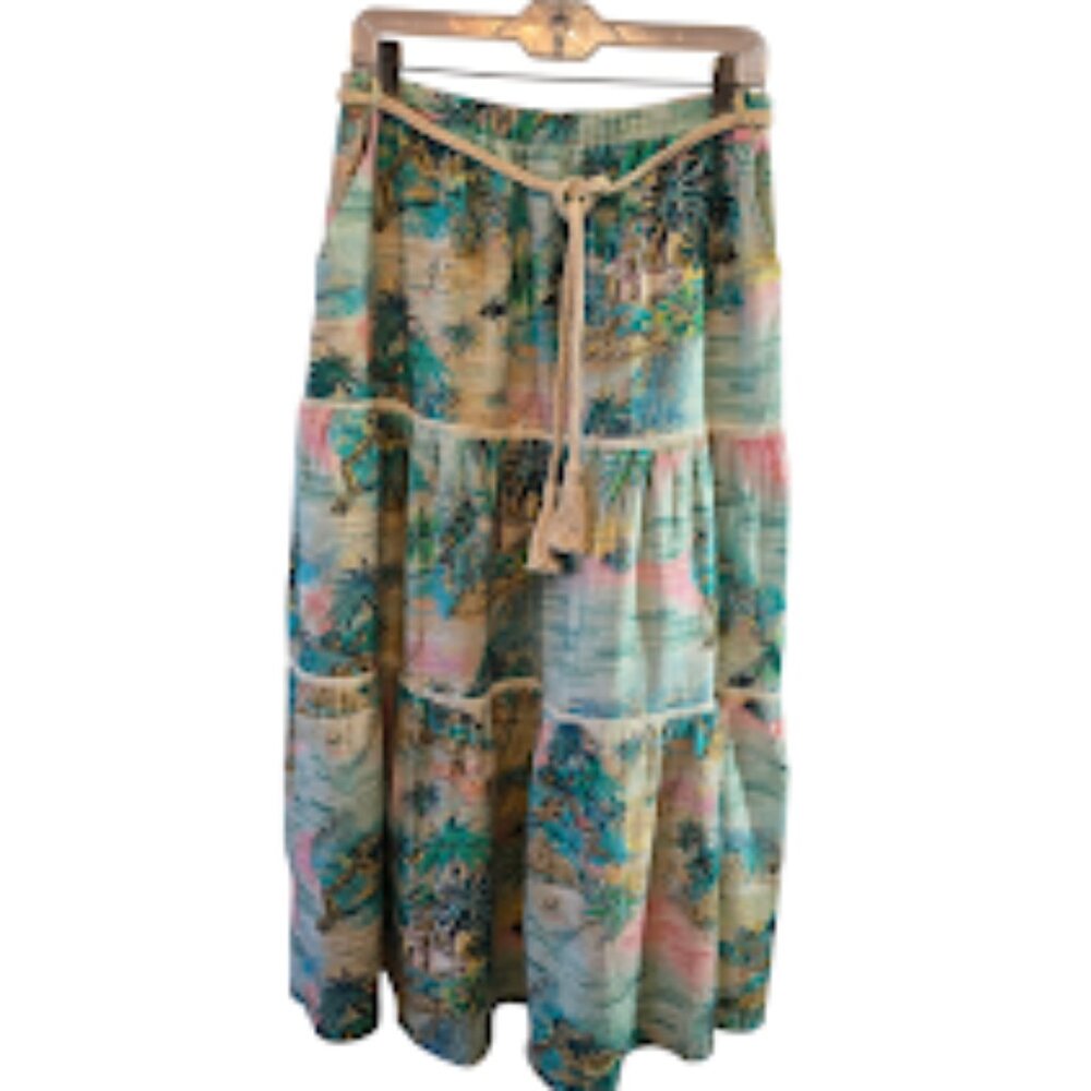 C&C CALIFORNIA TROPICAL MAXI SKIRT SIZE MEDIUM TIERED LINEN BLEND BOHO NWT